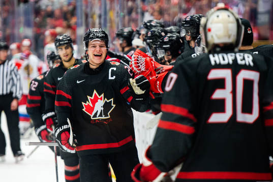 Barrett Hayton of Canada celebrates