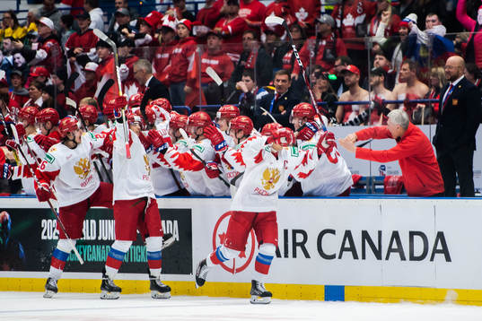 Grigori Denisenko of Russia celebrate with teammates