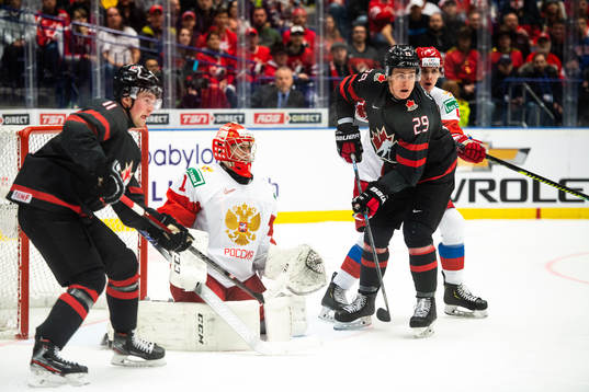 Alexis Lafreniere and Nolan Foote of Canada against