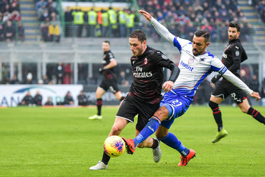 Davide Calabria of Milan and Fabio Quagliarella of Sampdoria