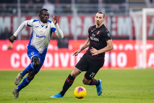 Omar Colley of Sampdoria and Zlatan Ibrahimovic of Milan