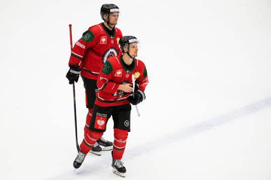 David Printz and Nicklas Lasu of Frölunda look dejected