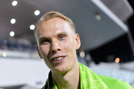 Goalkeeper Pontus Dahlberg of Sweden is being interviewed