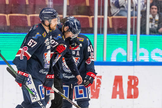 Linköpings Dan Pettersson får hjälp av Jarno Kärki  att