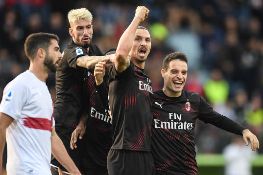 Zlatan Ibrahimovic of AC Milan celebrates his 0-2 goal