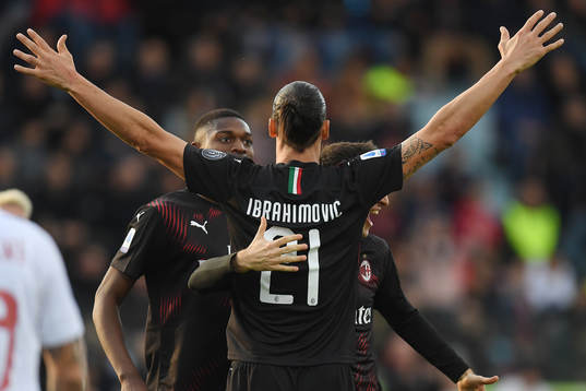 Zlatan Ibrahimovic of AC Milan celebrates his 0-2 goal