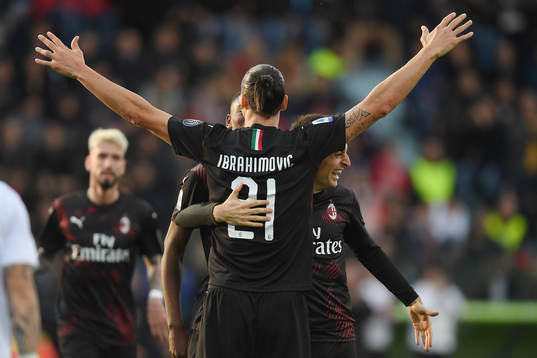 Zlatan Ibrahimovic of AC Milan celebrates his 0-2 goal