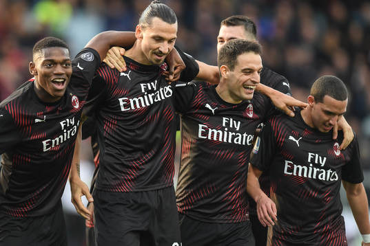 Zlatan Ibrahimovic of AC Milan celebrates his 0-2 goal