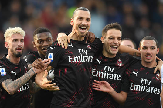 Zlatan Ibrahimovic of AC Milan celebrates his 0-2 goal