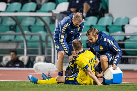 Muamer Tankovic of Sweden receives medical attention