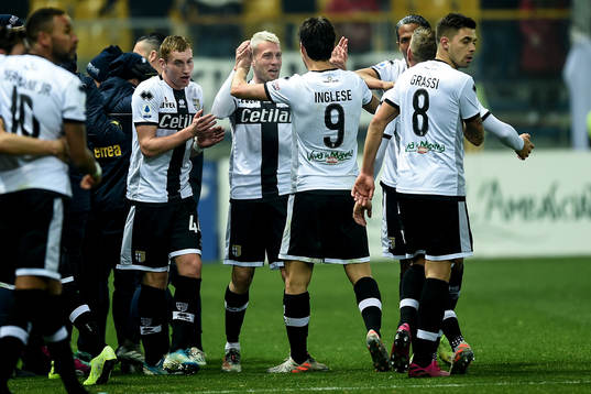 Dejan Kulusevski of Parma celebrates with Simone Iacoponi