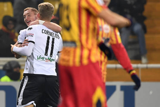 Dejan Kulusevski and Andreas Cornelius of Parma celebrate