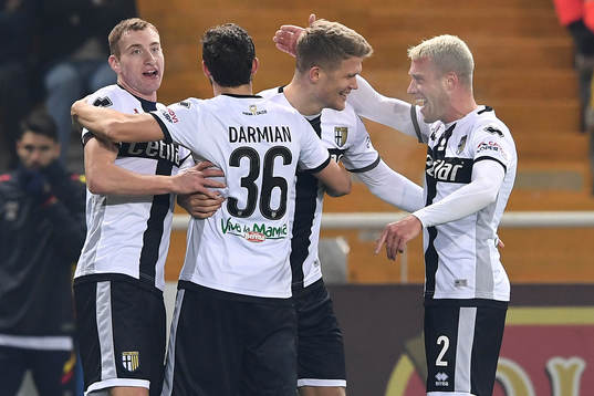 Dejan Kulusevski and Andreas Cornelius of Parma celebrate