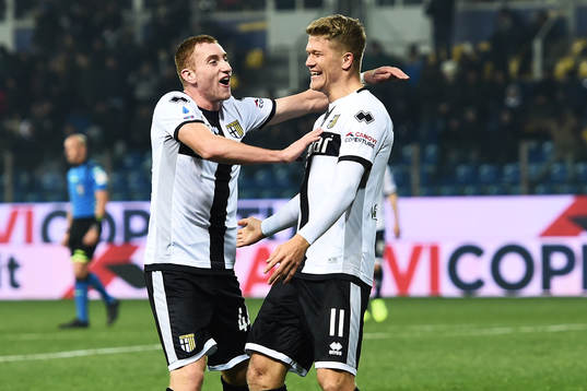 Dejan Kulusevski and Andreas Cornelius of Parma celebrate
