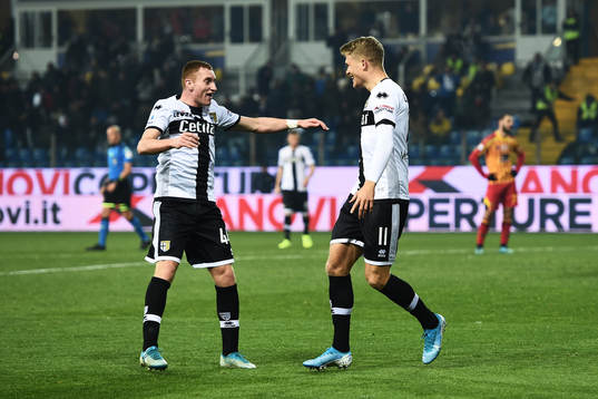 Dejan Kulusevski and Andreas Cornelius of Parma celebrate