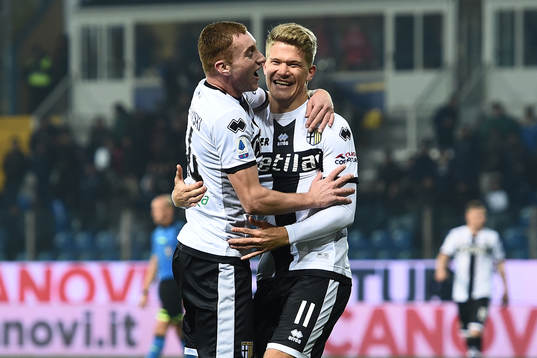 Dejan Kulusevski and Andreas Cornelius of Parma celebrate
