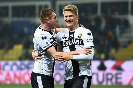 Dejan Kulusevski and Andreas Cornelius of Parma celebrate