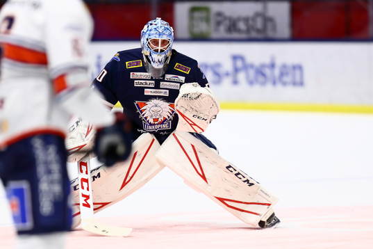 Linköpings målvakt Jonas Gustavsson innan ishockeymatchen