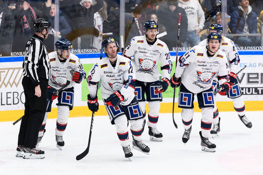 Linköpings Sebastian Karlsson jublar med Filip Karlsson,