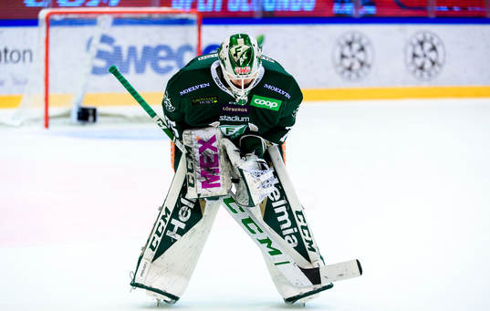 Färjestads målvakt Arvid Holm deppar