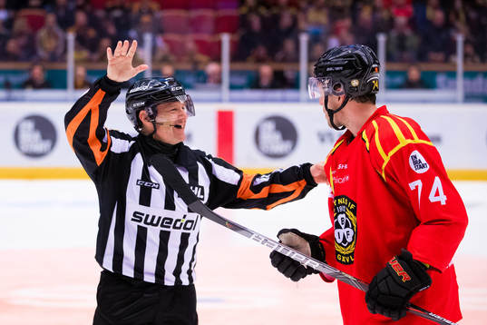 Domare Wolmer Edqvist i diskussion med Brynäs Nicklas