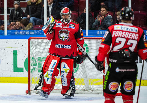 Malmö Redhawks målvakt Oscar Alsenfelt jublar