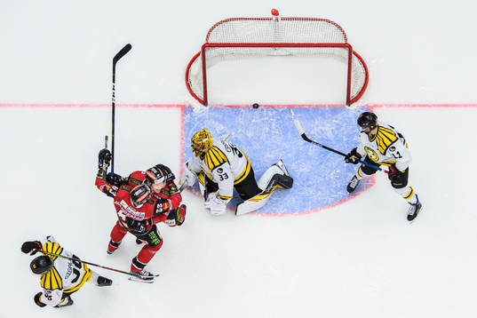 Malmö Redhawks Lars Bryggman jublar med Fredrik Händemark