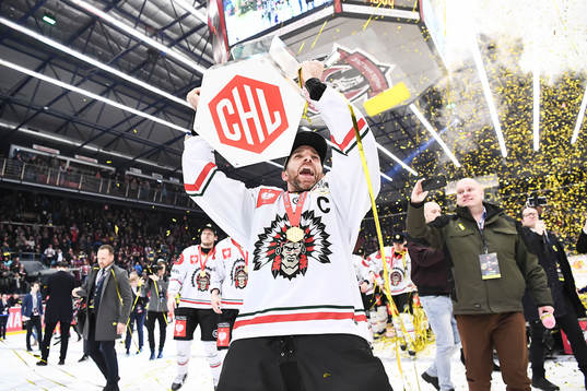 Joel Lundqvist of Frölunda celebrates with the trophy