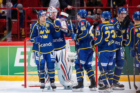 goaltender Magnus Hellberg of Sweden celebrates with his