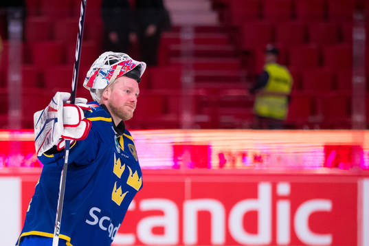 Goaltender Magnus Hellberg of Sweden celebrates