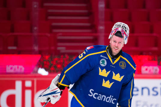 Goaltender Magnus Hellberg of Sweden celebrates