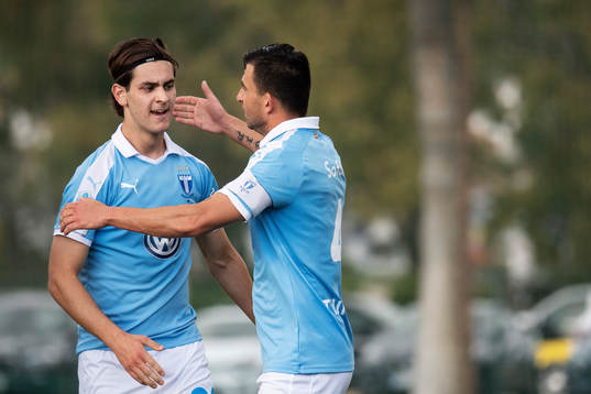 Adi Nalic and Behrang Safari of Malmö FF celebrate