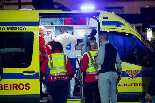 Maic Sema of Norrköping leaves the arena in an ambulance