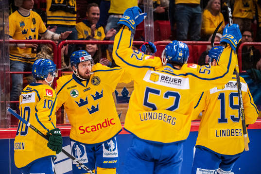 Lukas Bengtsson of Sweden celebrate with teammates