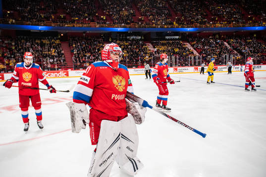 Goalkeeper Alexander Samonov of Russia looks dejected