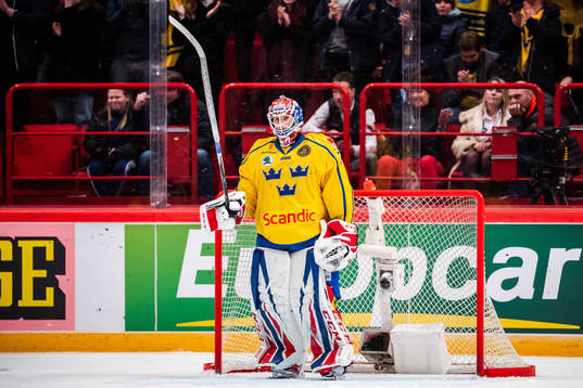 Goaltender Lars Johansson of Sweden celebrate