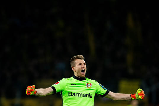 Goalkeeper Lukás Hrádecký of Bayer Leverkusen celebrates