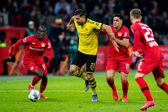 Moussa Diaby of Bayer Leverkusen, Emre Can of Borussia