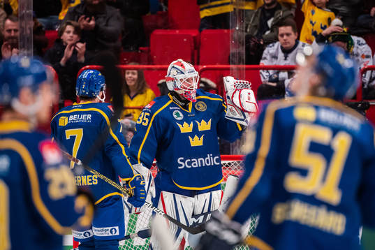 Goaltender Magnus Hellberg of Sweden celebrate