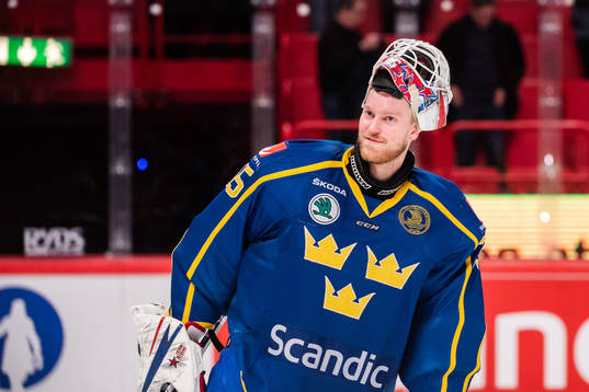 Goaltender Magnus Hellberg of Sweden celebrates