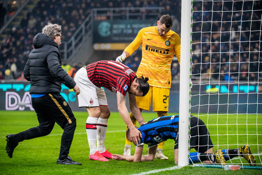 Zlatan Ibrahimovic of Milan and Milan Skriniar of Inter