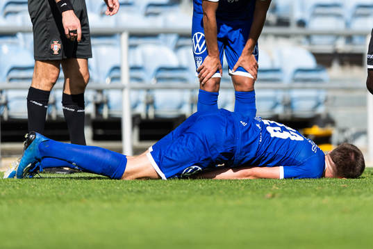 Emil Holm of IFK Göteborg in pain due to an injury that