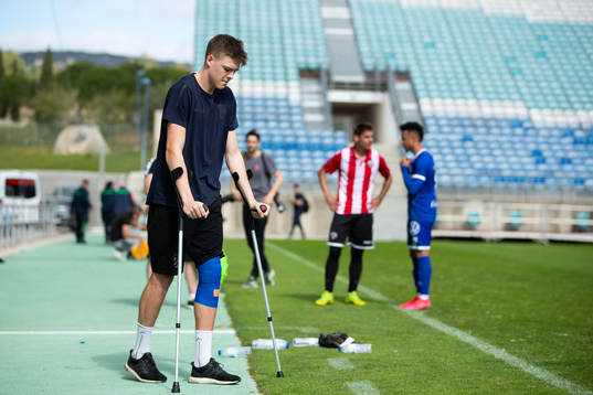 Emil Holm of IFK Göteborg with crutches