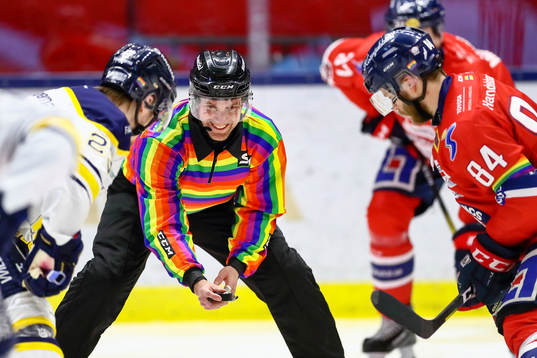 Glad domare med pride-tröja