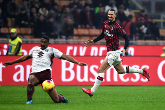 Zlatan Ibrahimovic of Milan against Gleison Bremer of Torino