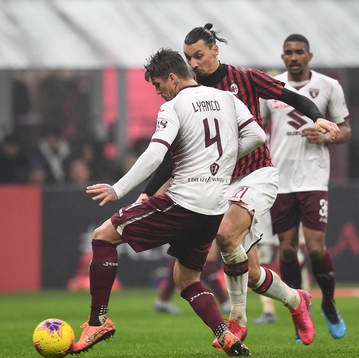 Zlatan Ibrahimovic of Milan against Lyanco Evangelista