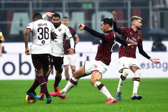 Zlatan Ibrahimovic of Milan against Gleison Bremer of Torino