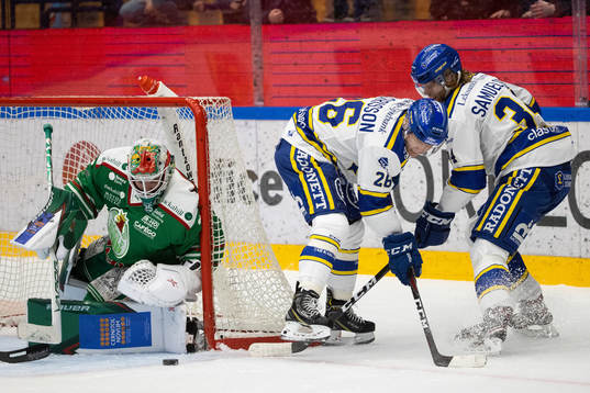 Rögles målvakt Roman Will och Leksands Patrik Zackrisson