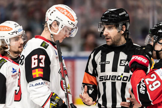 Malmö Redhawks Fredrik Händemark och domare Mikael