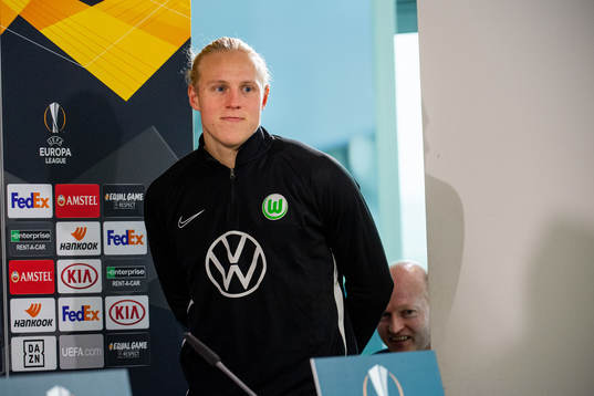 Xaver Schlager arrives for a press conference with Wolfsburg